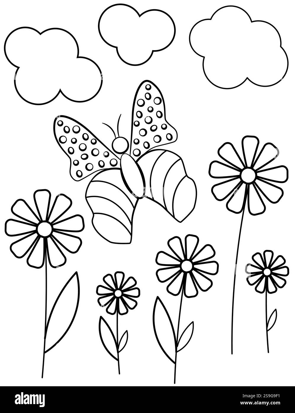 Farfalla e fiori in una simpatica illustrazione del libro da colorare Illustrazione Vettoriale