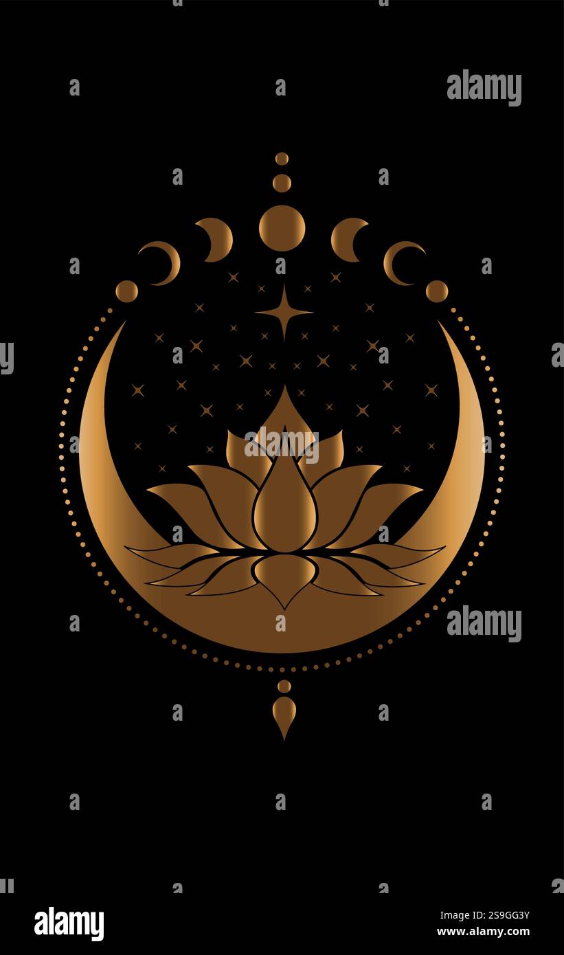 Logo Mystical Crescent Moon e Sacro Fiore di Loto con Stars Moon Phases Gold. Magia floreale clipart celeste di yoga, spa, salone di bellezza Illustrazione Vettoriale