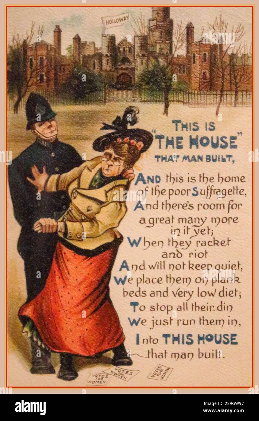 Suffragetta anti suffragetta "questa è la casa che l'uomo ha costruito", suggerendo la prigione per suffragette in rivolta. Cartolina britannica c.1908 Regno Unito Foto Stock