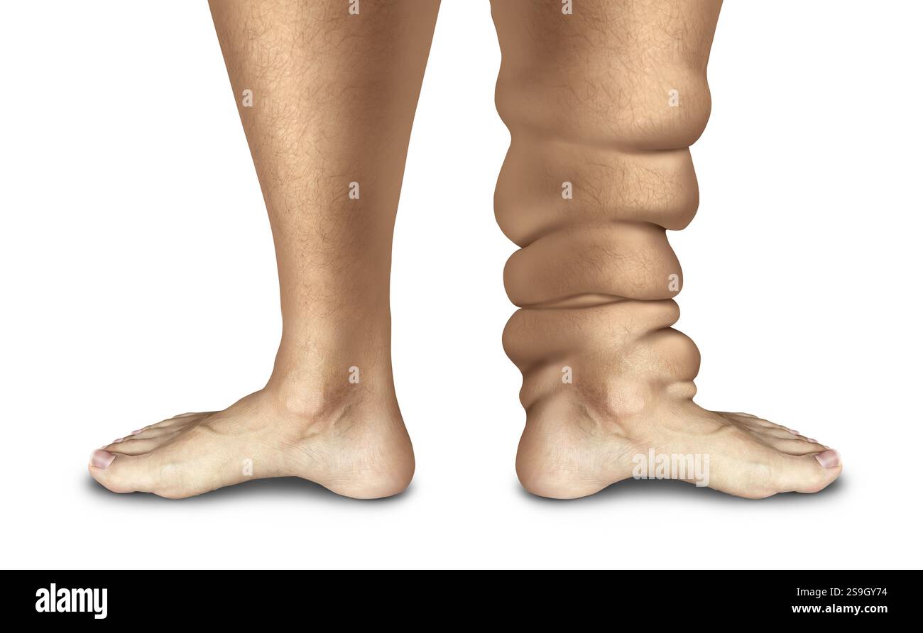 Linfedema come una malattia cronica causata da sistema linfatico bloccato o danneggiato non in grado di drenare il fluido linfatico con conseguente gonfiore nelle gambe o nelle braccia Foto Stock