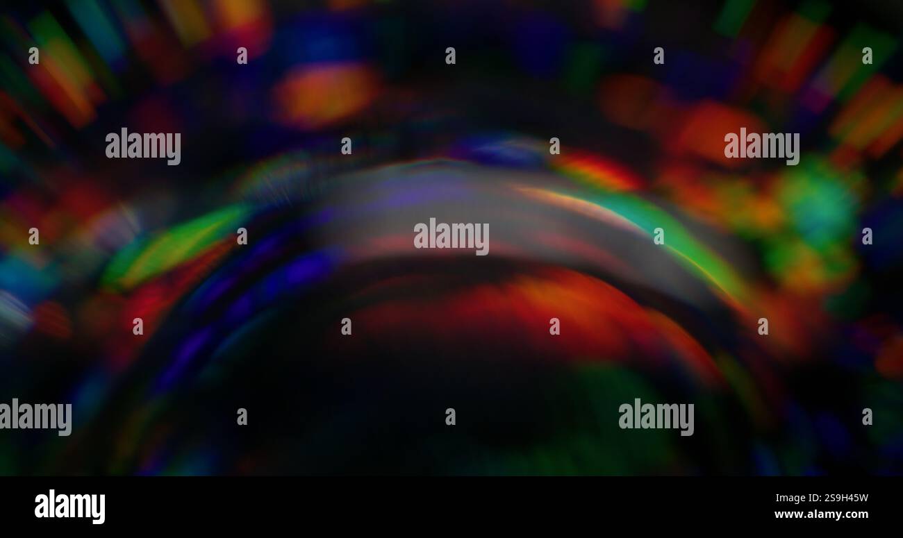 Overflow luce bokeh. Effetto strobo. Colori brillanti luminosità festiva con raggio sorgente rotante. Visione con distorsione arrotondata. Illuminazione a incandescenza. Foto Stock