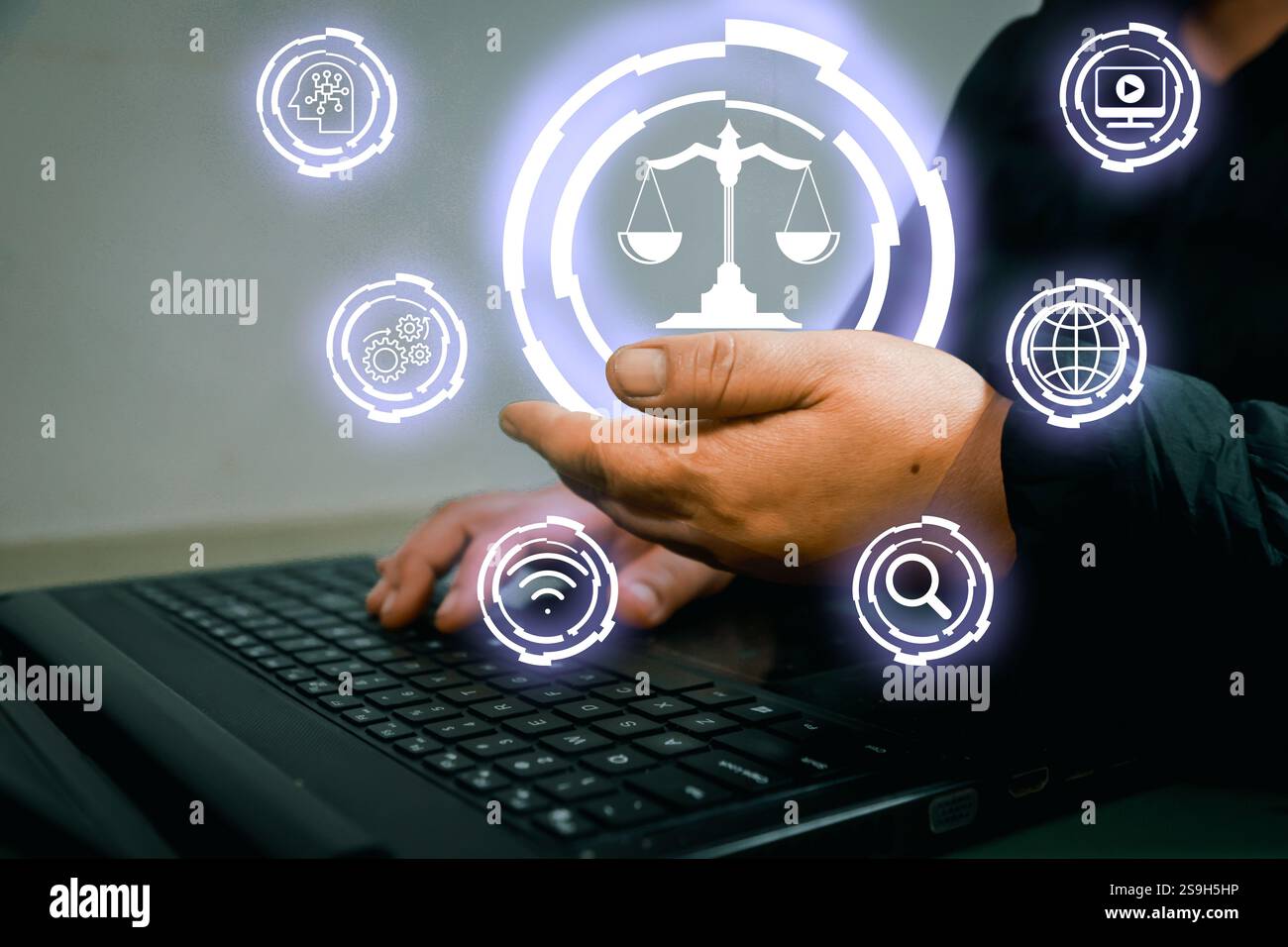 Uomo che ha giustizia ico. ETICA DELL'INTELLIGENZA ARTIFICIALE. Etica DELL'INTELLIGENZA ARTIFICIALE o concetto di legge dell'INTELLIGENZA artificiale. Sviluppo di codici etici ai. Foto Stock
