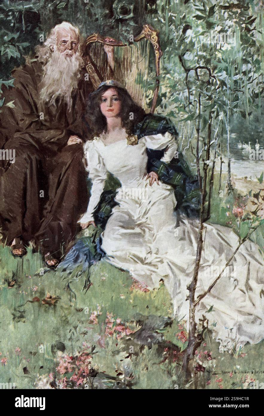 Questa illustrazione tratta da un'edizione del 1910 di The Lady of the Lake di Sir Walter Scott mostra Ellen e un uomo barbuto con un'arpa. The Lady of the Lake di Sir Walter Scott fu pubblicato da Richard Scott di New York nel 1813. Il poema a sei canti racconta la storia della lotta di re Giacomo V contro James Douglas, e l'affetto di tre pretendenti verso la figlia di James Douglas, Ellen. La narrazione si svolge nell'arco di sei giorni nella regione scozzese di Trossachs, principalmente Ellen's Isle nel Loch Katrine. Alla fine si scopre che uno dei pretendenti è in realtà James V, e James Douglas è perdonato a causa di t Foto Stock