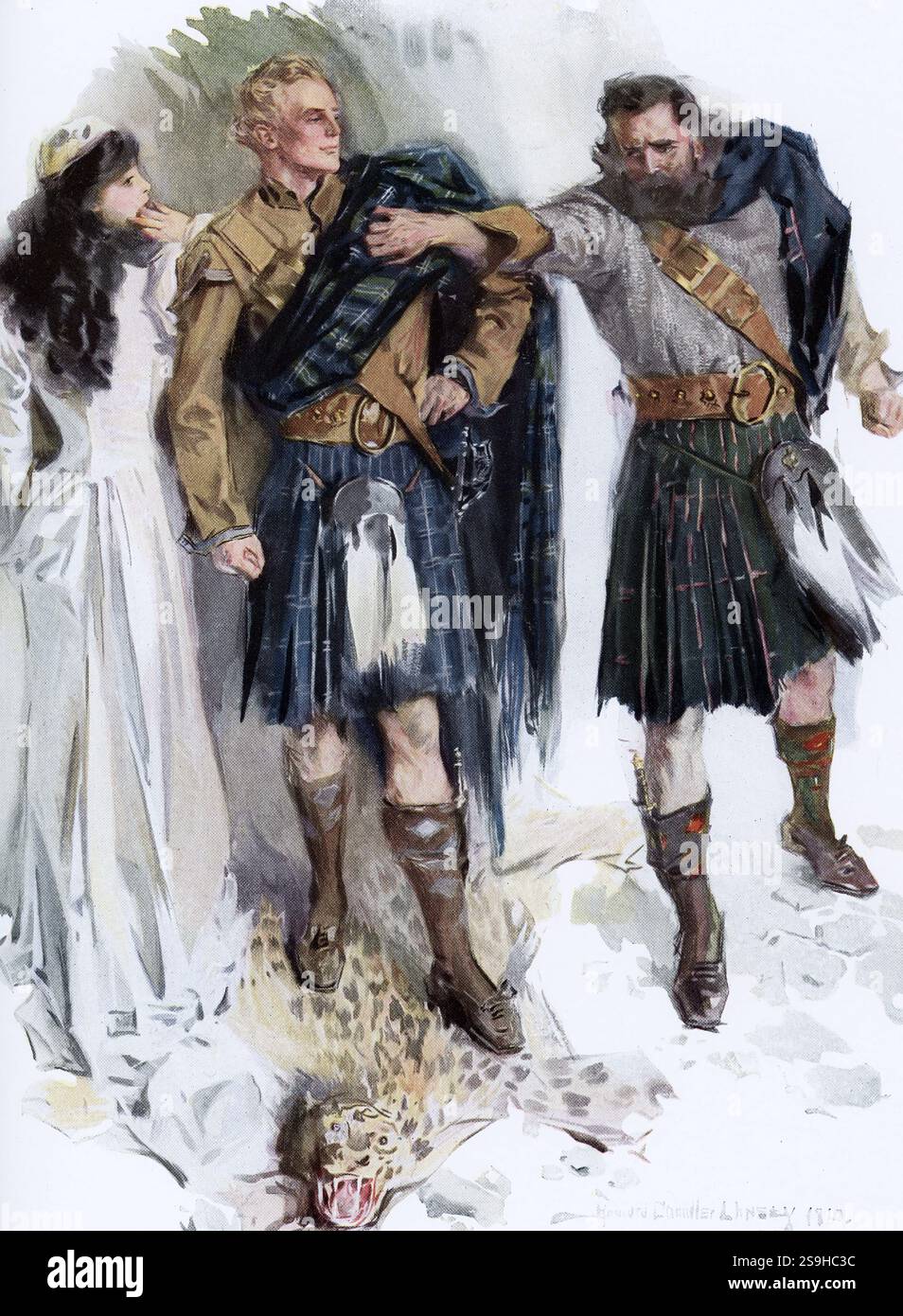 Questa illustrazione tratta da un'edizione del 1910 di The Lady of the Lake di Sir Walter Scott mostra Ellen e due uomini in tartan plaid. Il testo di accompagnamento dice: “Ragazzo con tartan verde plaid. Un interessante profilo della coscrizione del clan; la piccola croce è consacrata con giuramento e poi portata in giro per ogni collina e dale esigente fedeltà. In questo caso un matrimonio viene interrotto con il comando. Guy in dark plaid with Sword by Tree: Roderick, che ha aperto i desideri per Ellen, la vede segretamente mentre lei prega, è finito venire con la consapevolezza che questa è l'ultima volta che mai vedrà o ascolterà Foto Stock