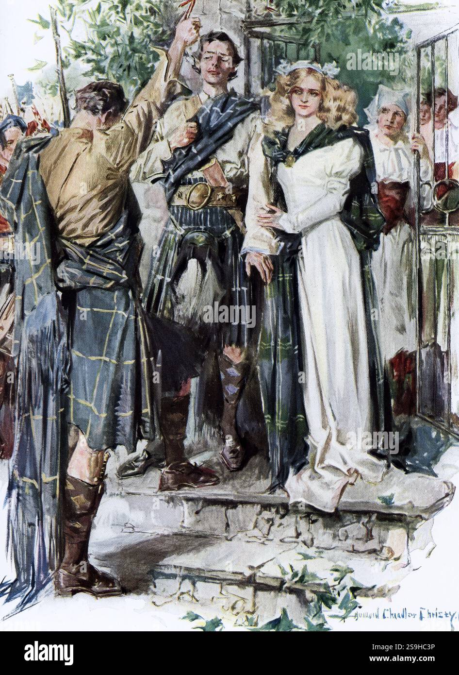 Questa illustrazione tratta da un'edizione del 1910 di The Lady of the Lake di Sir Walter Scott ha la seguente didascalia: "Un interessante profilo della coscrizione del Clan; la piccola croce è consacrata con un giuramento e poi portata in giro per ogni collina e dale esigente fedeltà. In questo caso un matrimonio viene interrotto con il comando.” The Lady of the Lake di Sir Walter Scott fu pubblicato da Richard Scott di New York nel 1813. Il poema a sei canti racconta la storia della lotta di re Giacomo V contro James Douglas, e l'affetto di tre pretendenti verso la figlia di James Douglas, Ellen. La narrativa tak Foto Stock