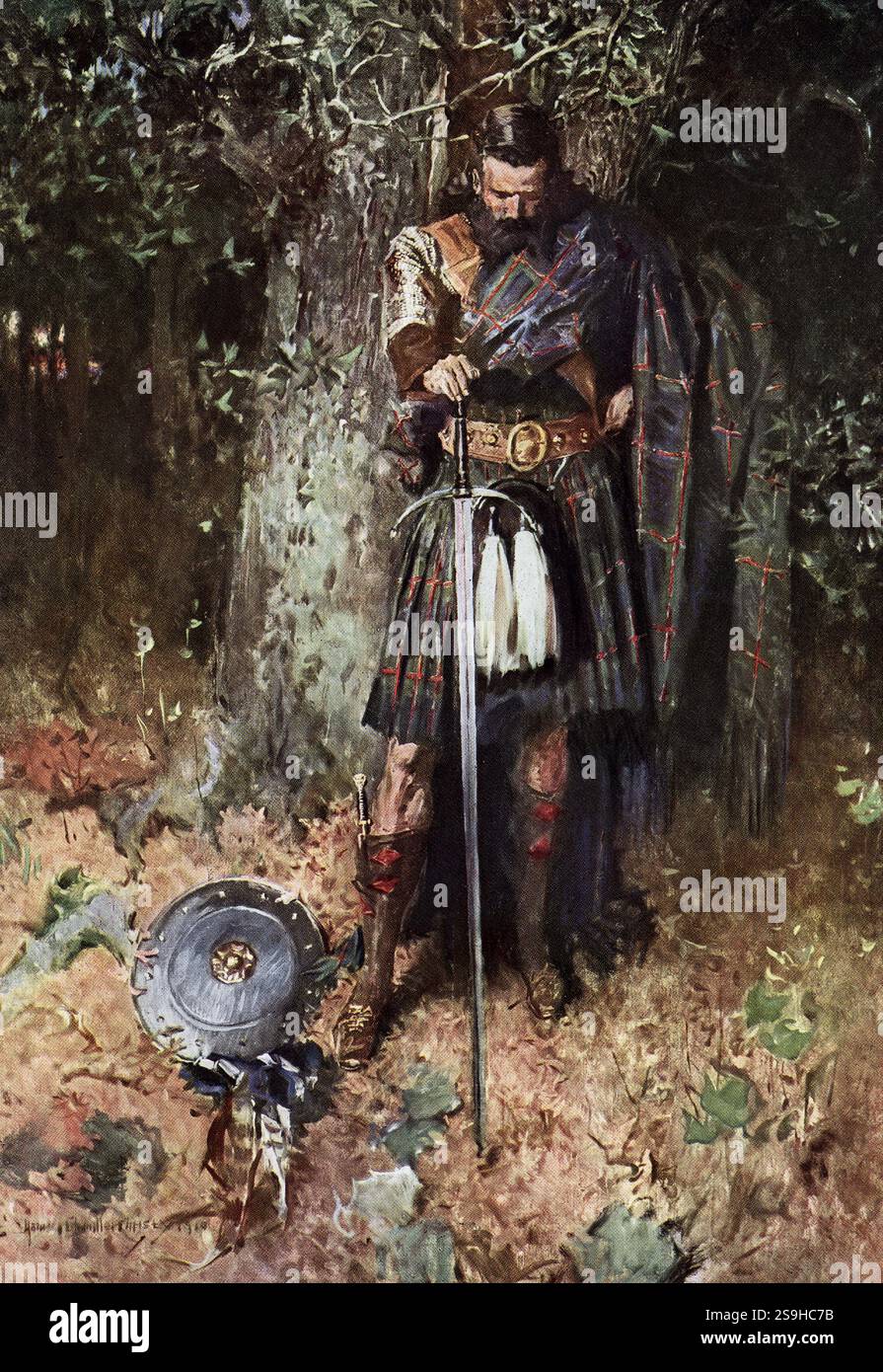 Questa illustrazione tratta da un'edizione del 1910 di The Lady of the Lake di Sir Walter Scott ha la seguente didascalia: "Guy in dark plaid with spade by Tree: Roderick, che ha aperto i desideri per Ellen, la vede segretamente mentre prega, è finita vieni con la consapevolezza che questa è l'ultima volta che la vedrà o ascolterà. È importante notare che la preghiera che Ellen recita è in realtà l’ispirazione per Robert Schumann per la sua incredibile Ave Maria.” The Lady of the Lake di Sir Walter Scott fu pubblicato da Richard Scott di New York nel 1813. Il poema a sei canti racconta la storia dello stru di re Giacomo V. Foto Stock