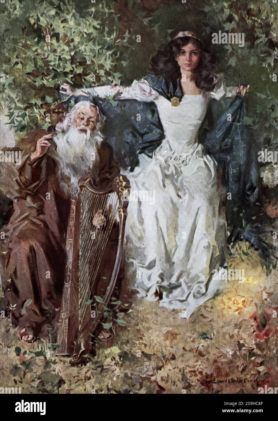 Questa illustrazione tratta da un'edizione del 1910 di The Lady of the Lake di Sir Walter Scott ha la seguente didascalia: "Ellen con le braccia aperte e vecchio con un'arpa". The Lady of the Lake di Sir Walter Scott fu pubblicato da Richard Scott di New York nel 1813. Il poema a sei canti racconta la storia della lotta di re Giacomo V contro James Douglas, e l'affetto di tre pretendenti verso la figlia di James Douglas, Ellen. La narrazione si svolge nell'arco di sei giorni nella regione scozzese di Trossachs, principalmente Ellen's Isle nel Loch Katrine. Alla fine si scopre che uno dei pretendenti è in realtà James V e Ja Foto Stock