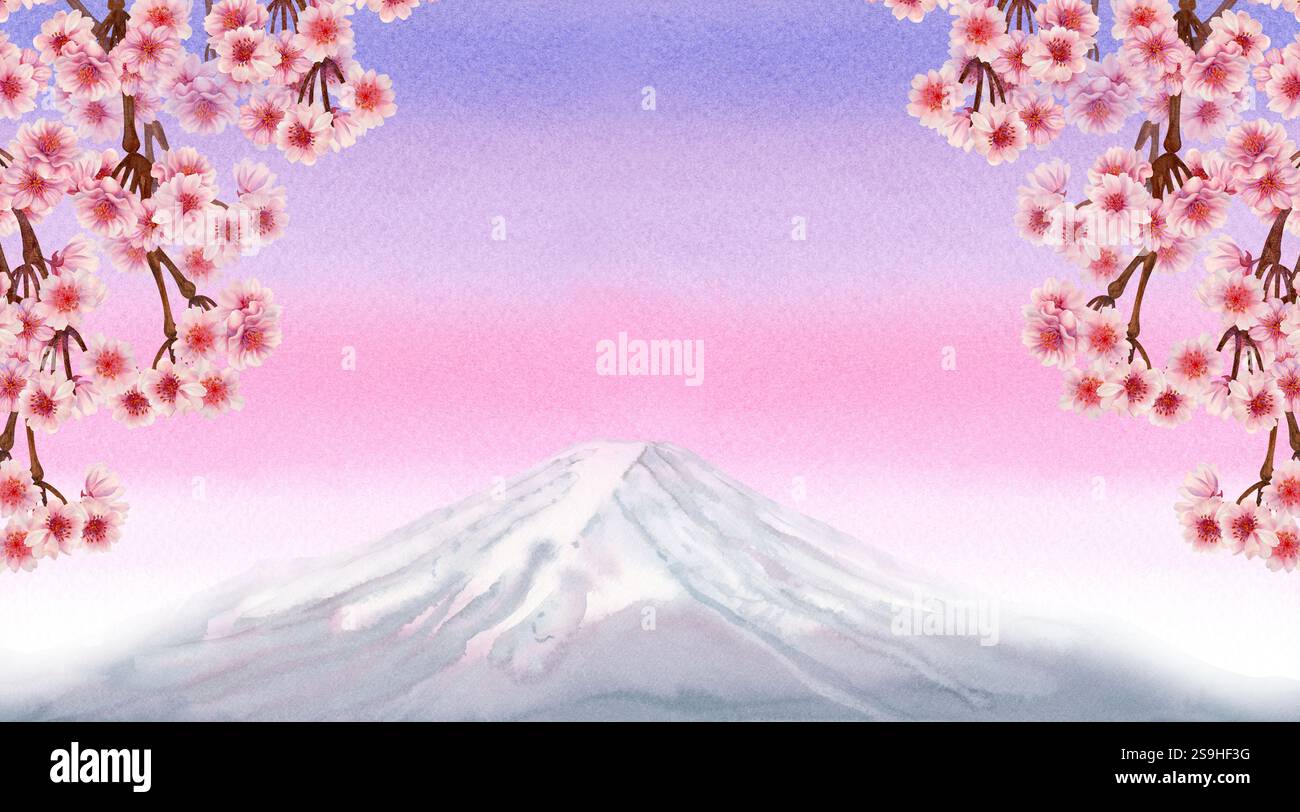 Rami con fiori rosa di sakura in fiore sullo sfondo del mattino, paesaggio serale del Monte Fuji di colore rosa lilla, all'alba pa Foto Stock