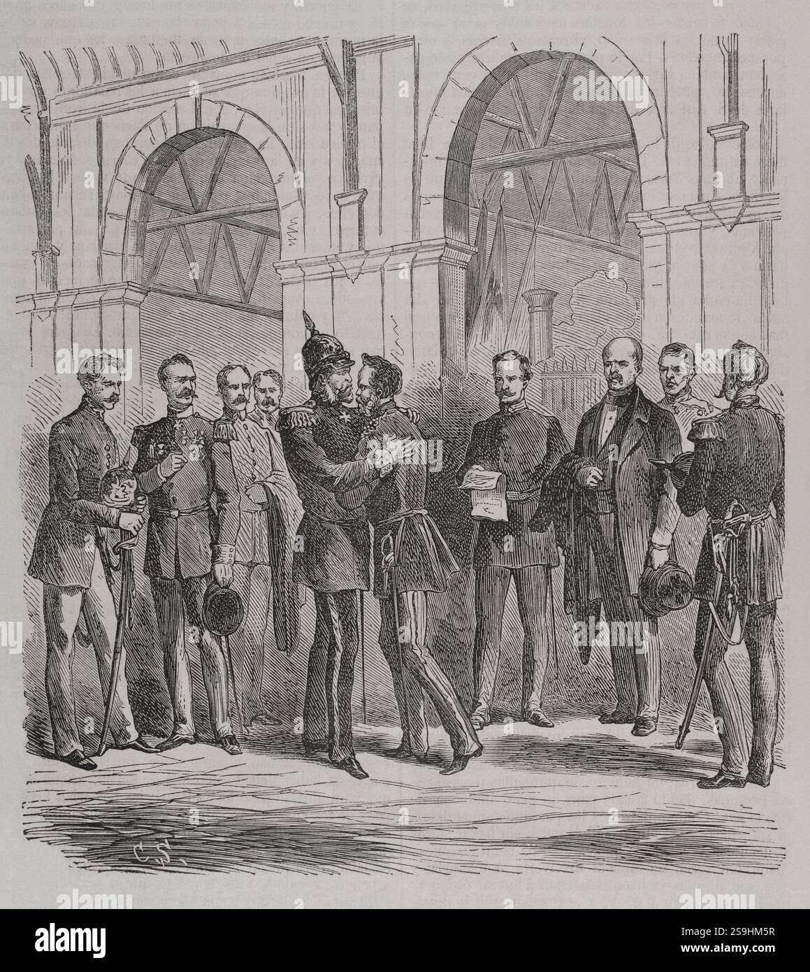 Guerra franco-prussiana (1870-1871). Re Guglielmo i, giunto da EMS, alla stazione ferroviaria di Berlino, riceve la notizia della dichiarazione di guerra francese (19 luglio 1870). Dopo averlo letto, abbraccia il Principe reale, che lo stava aspettando con Bismarck e i generali Helmuth von Moltke, Albrecht von Roon e Friedrich von Wrangel. Incisione. Historia de la Guerra de Francia y Prusia (storia della guerra tra Francia e Prussia). Volume I. pubblicato a Barcellona, 1870. Foto Stock