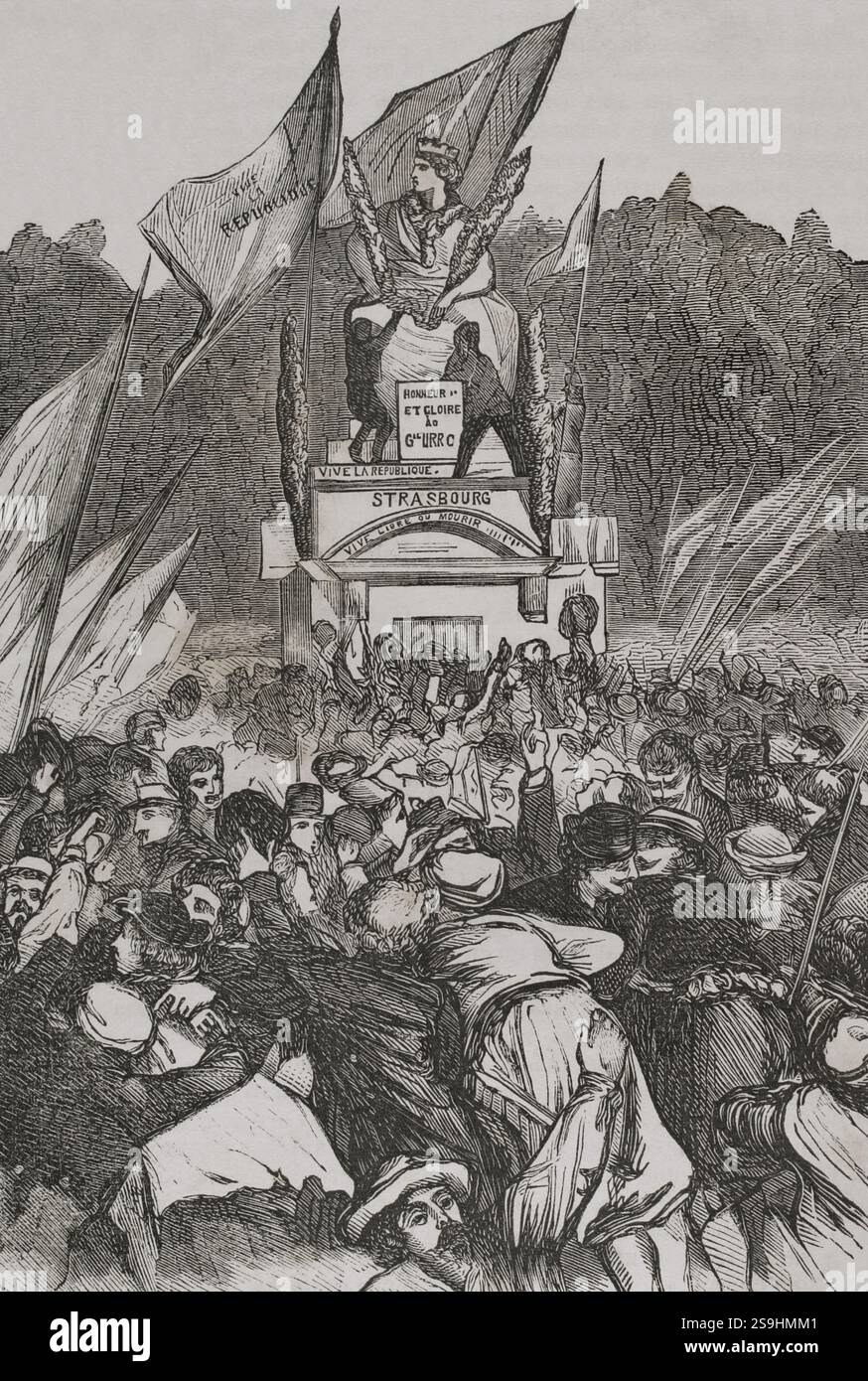 Guerra franco-prussiana (1870-1871). Parigi, Francia. Dimostrazione in Place de la Concorde, accanto alla statua di Strasburgo, una città personificata sotto forma di donna con una spada, che simboleggia il rapporto tra Parigi e la regione dell'Alsazia. Manifestazione a favore dei difensori di Strasburgo. Incisione. Historia de la Guerra de Francia y Prusia (storia della guerra tra Francia e Prussia). Volume I. pubblicato a Barcellona, 1870. Foto Stock