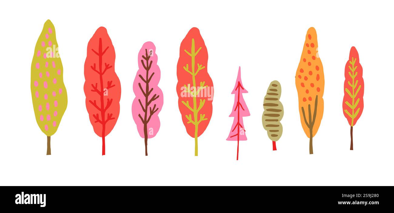 Una collezione di alberi stilizzati dai vivaci colori autunnali che creano una scena forestale orizzontale. Perfetto per progetti a tema autunnale, clip art, design stagionali e illustrazioni ispirate alla natura. Illustrazione vettoriale Illustrazione Vettoriale