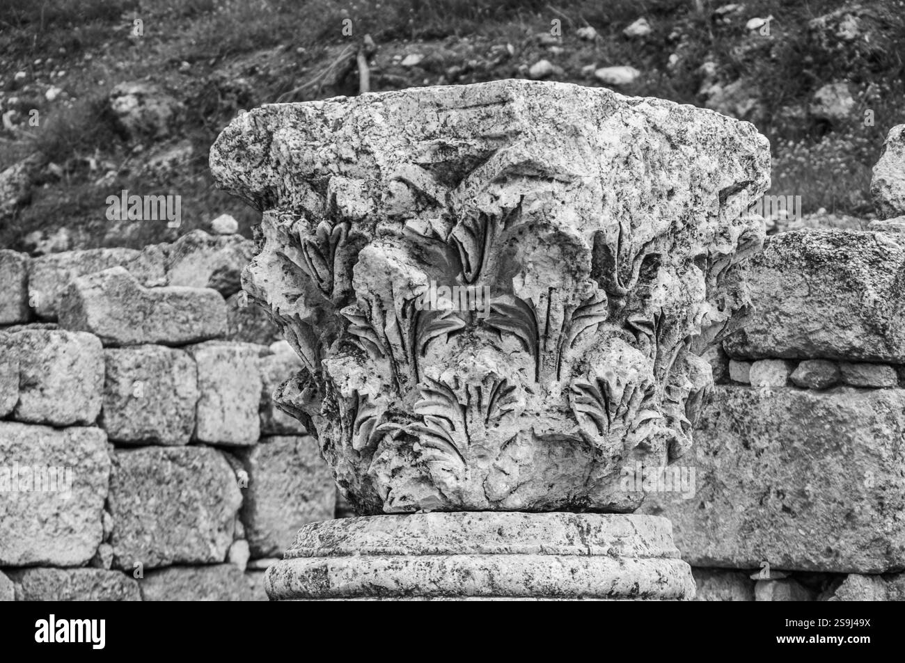 Un pilastro in pietra con un design a foglia. La colonna è circondata da un muro di pietra Foto Stock