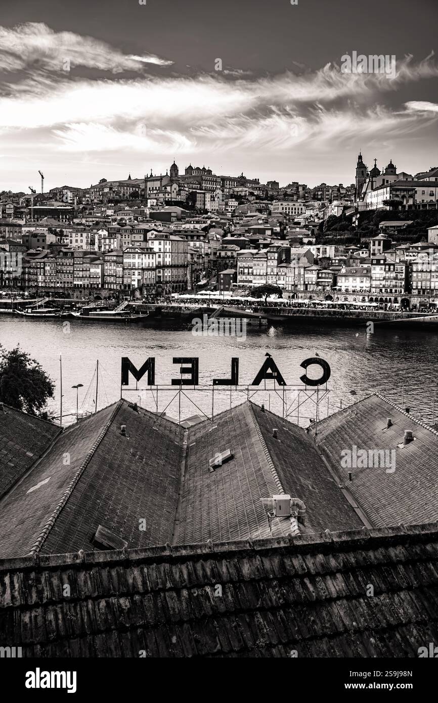 Immagine paesaggistica di porto, Porto, dove sono ritratti l'architettura e le famose cantine del Porto, sotto si trova il fiume Douro Foto Stock
