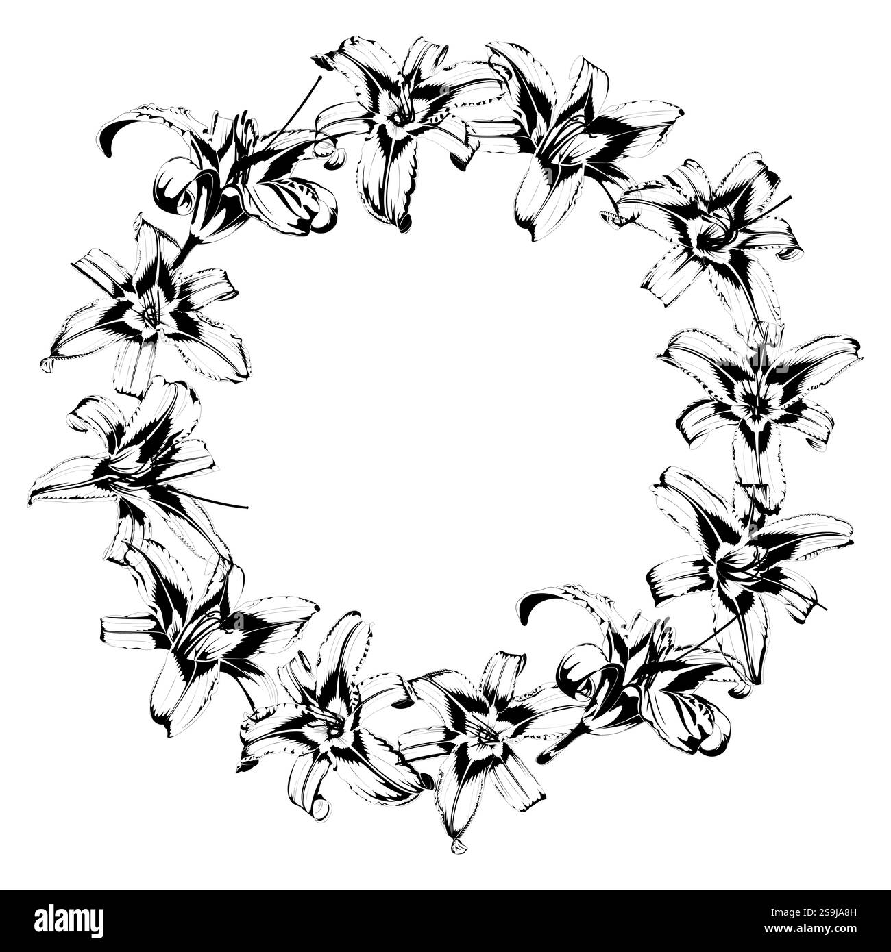 Ghirlanda di gigli in nero su sfondo bianco Illustrazione Vettoriale