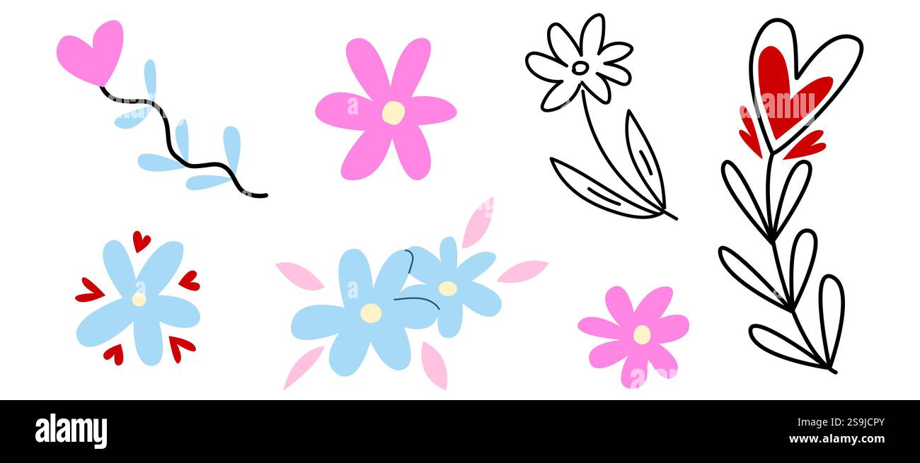 set di graziosi fiori minimalisti. set di fiori piatti Illustrazione Vettoriale