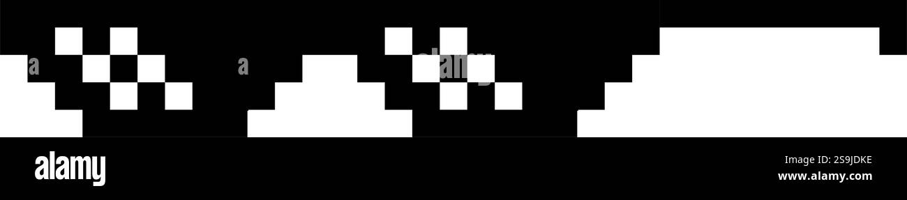 Divertenti occhiali da sole pixelati. Semplice illustrazione lineare del logo degli occhiali a 8 bit Black Pixel Boss. Occhiali eleganti su sfondo bianco Illustrazione Vettoriale