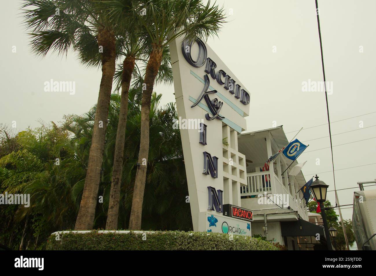 Solo per uso editoriale 20 gennaio 2025, Key West, Florida, USA. Segui le indicazioni per Orchid Key Inn sul lato della strada. Palme e piante verdi intorno. Foto Stock