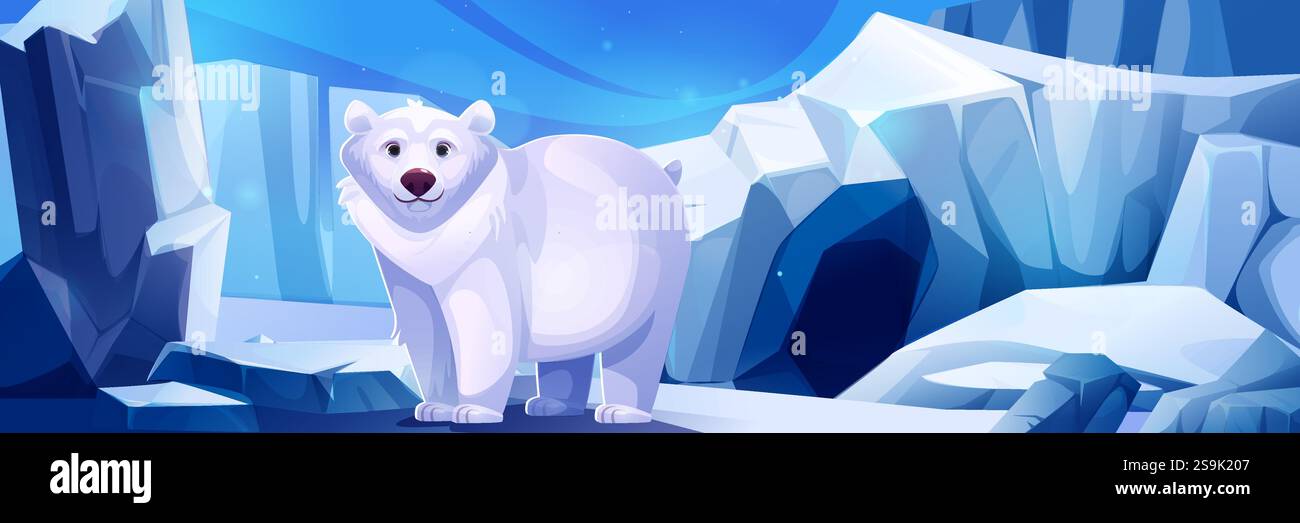 Orso polare in piedi vicino all'ingresso della grotta artica del ghiacciaio - paesaggio ghiacciato con formazioni di ghiaccio cristallino, terreno innevato, apertura profonda di caverne blu. Wow Illustrazione Vettoriale