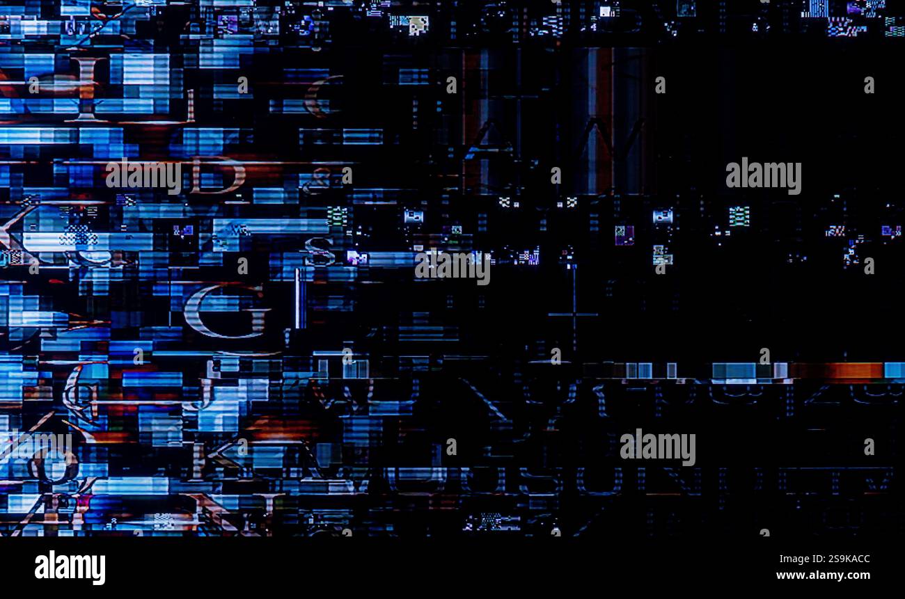 Effetto fotocamera glitch. Sfondo VHS retrò. Vecchio modello video. Nessun segnale. Rumore TV statico, segnale TV scadente Foto Stock