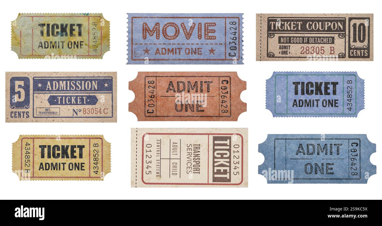 Biglietto d'ingresso vintage con numero di serie su sfondo bianco Foto Stock