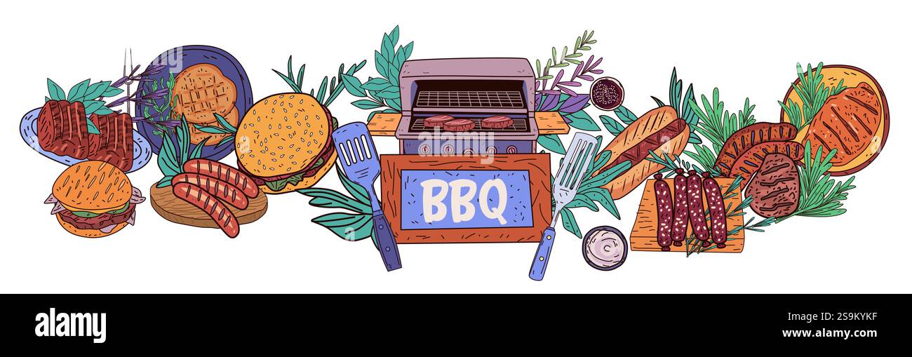 Barbecue, grigliate, hamburger, salsicce, bistecche, verdure, disposizione colorata, utensili da cucina a tema, erbe, cena all'aperto Illustrazione Vettoriale