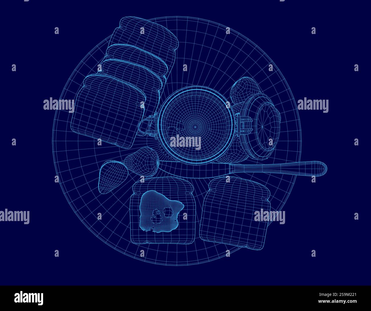 Immagine blu di un piatto di cibo con un cucchiaio e un coltello. Il piatto è pieno di vari alimenti come pane, gelatina e una tazza. Concetto di abunda Illustrazione Vettoriale
