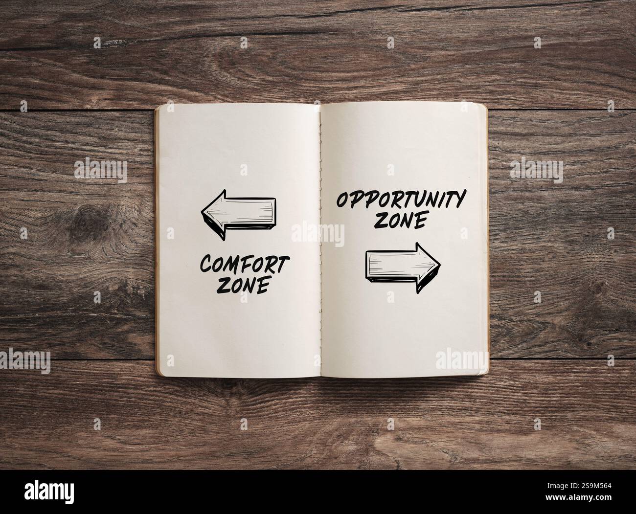 Appunti aperti disposti su un tavolo in legno che mostra la zona di comfort e la zona di opportunità con frecce che puntano in direzioni opposte, il che rende la scelta ideale per la carriera Foto Stock