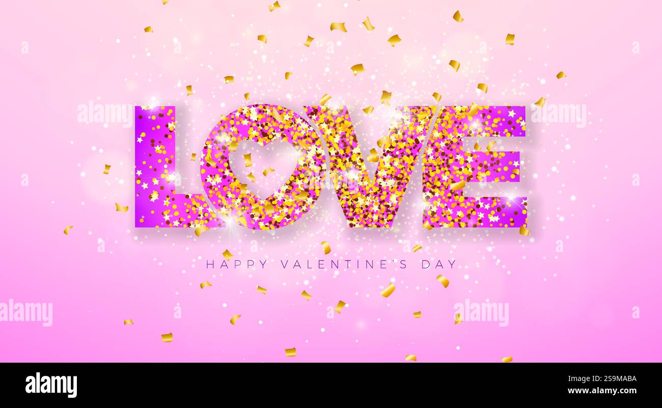 Banner di San Valentino con lettera di tipografia d'amore glittered e Falling Confetti su sfondo rosa chiaro. Matrimonio vettoriale e romantico Illustrazione Vettoriale