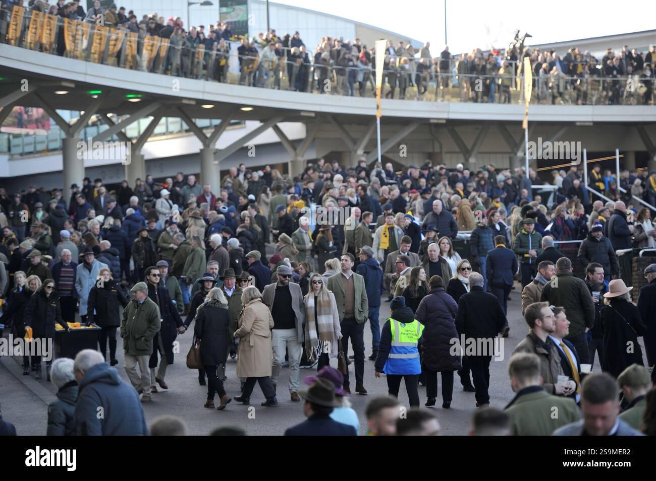 Corse di cavalli all'ippodromo di Cheltenham. Festival Trials Day, l'ultimo sabato di gennaio. Racegoers Before the racing action Picture di Mikal Lu Foto Stock