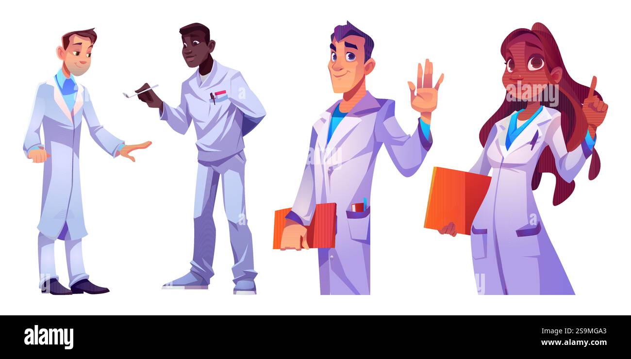 Medico set di caratteri diversi con personale medico che indossa cappotti bianchi. Operatori sanitari professionali - ospedale cartoni animati e clinica specialista africano con appunti, medici in uniformi di laboratorio. Illustrazione Vettoriale