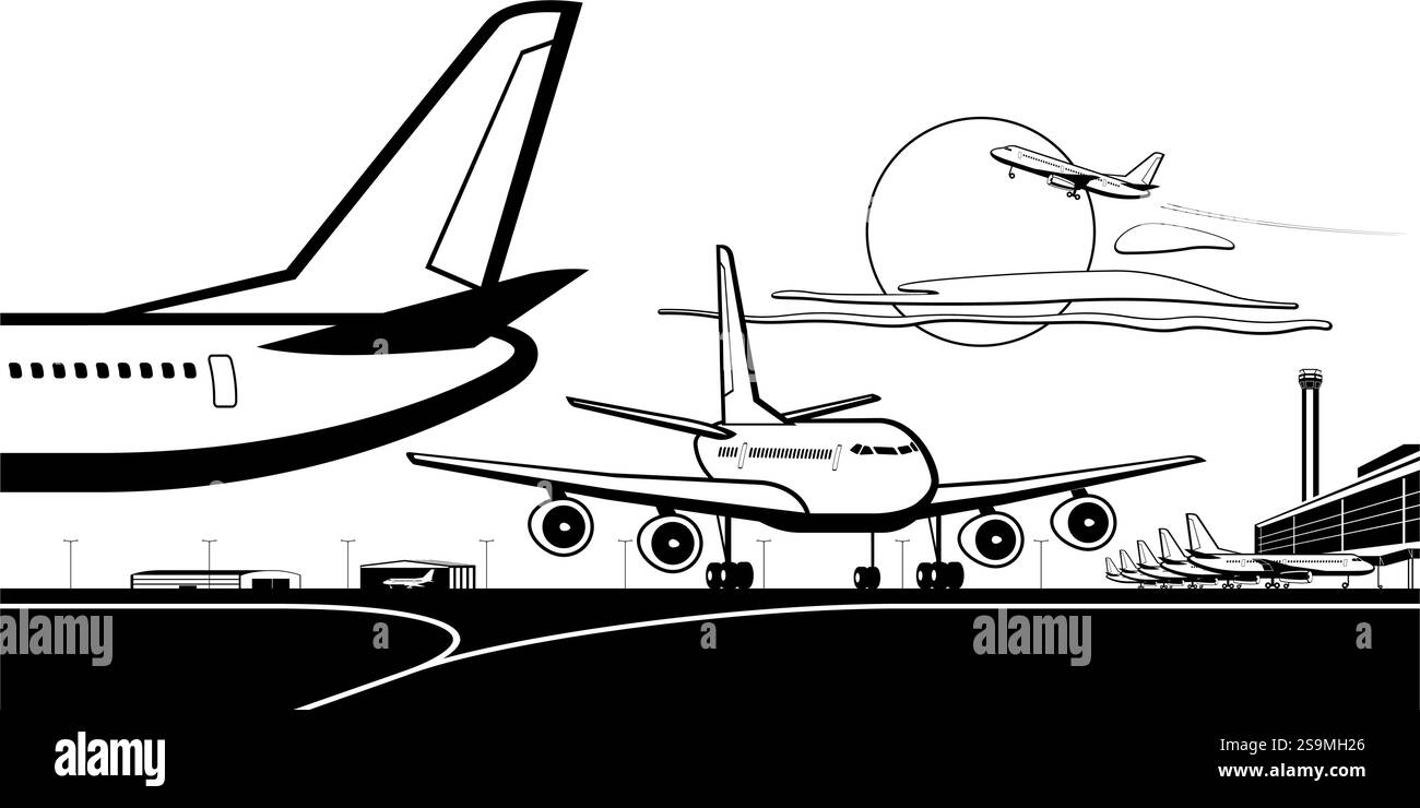 Vista del terminal dell'aeroporto dalla coda dell'aereo - illustrazione vettoriale Illustrazione Vettoriale