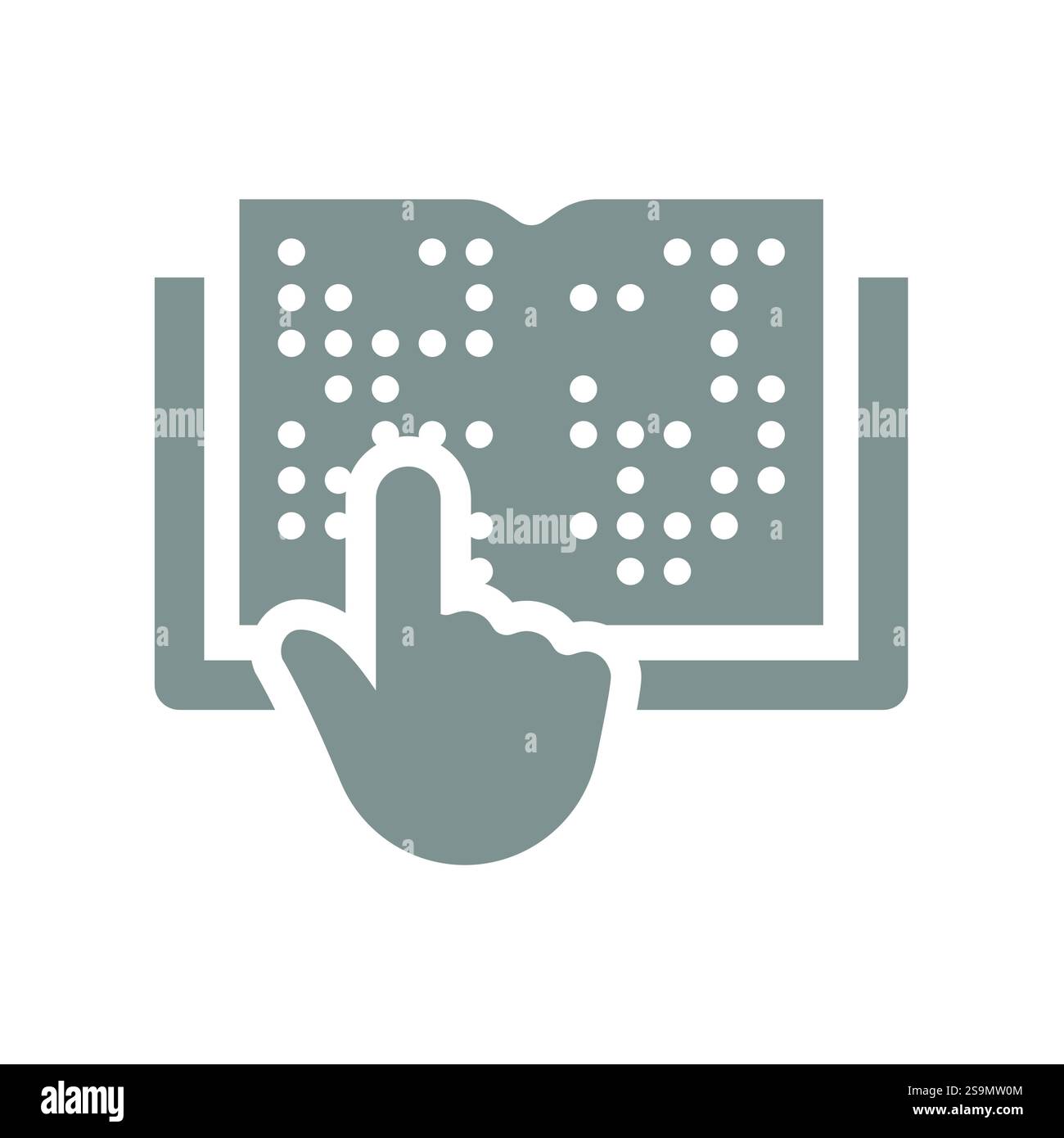 Mano a leggere un libro in braille. Apri libro per non vedenti, icona del vettore alfabetico tattile. Illustrazione Vettoriale