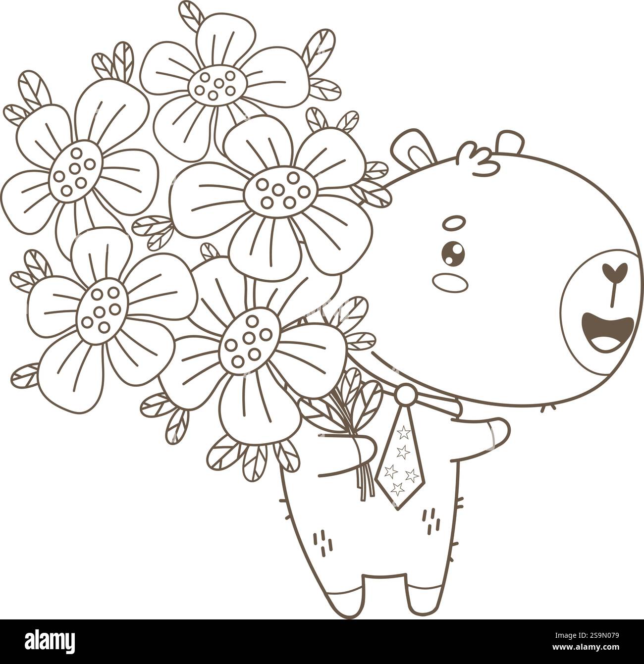 Buon compleanno Capybara con bouquet di fiori. Delinea un carino animale kawaii dei cartoni animati natalizi. Disegno al tratto, libro da colorare. Illustrazione vettoriale. I bambini co Illustrazione Vettoriale