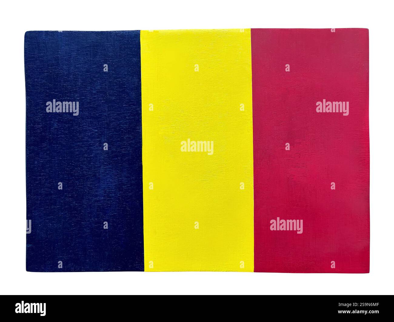 Bandiera rumena in legno dipinta a mano con tre colori verticali, blu scuro, giallo e rosso su sfondo bianco Foto Stock