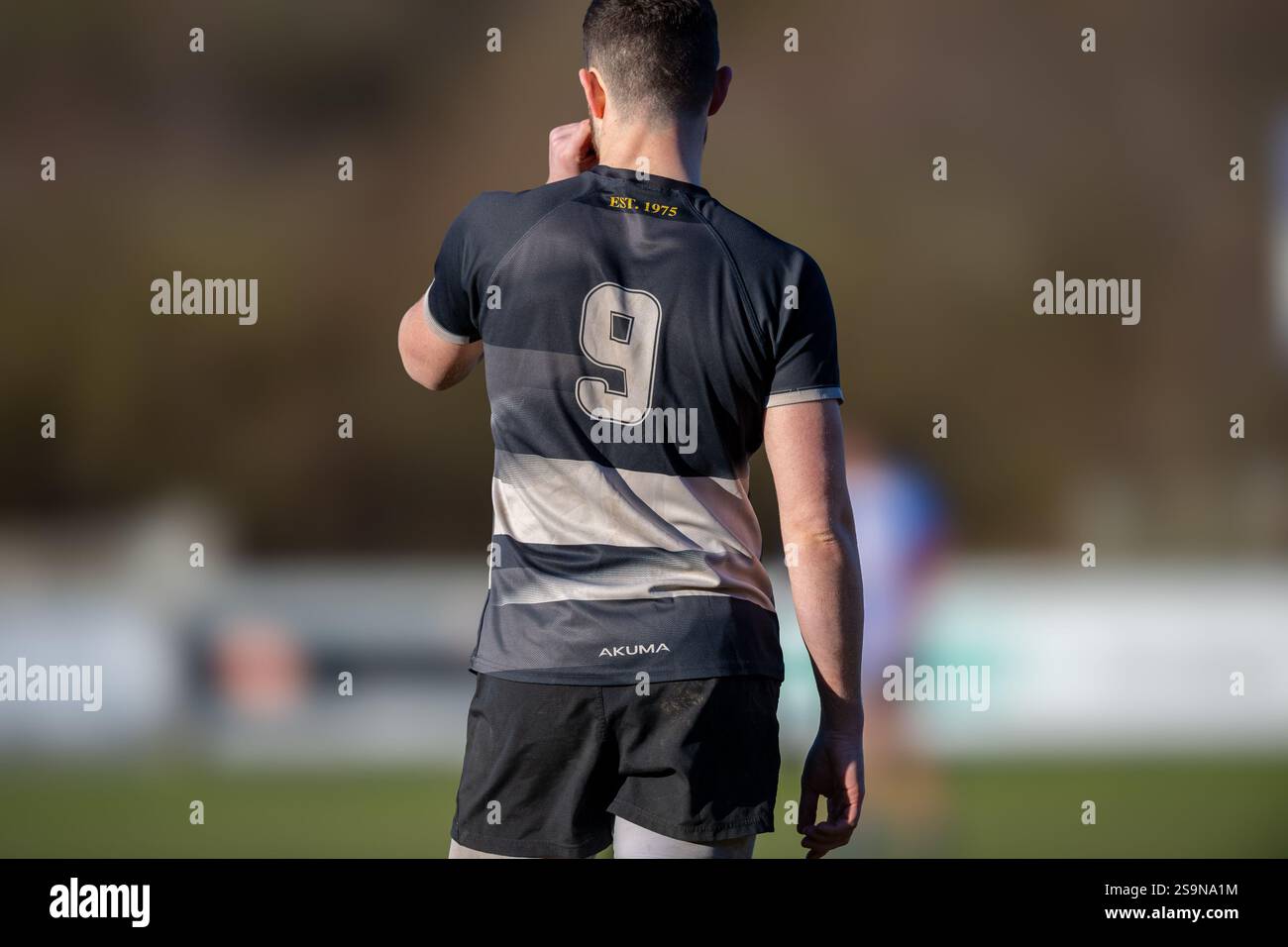 Inglese Mens amatoriale Rugby Union giocatori che giocano in una partita di campionato. Foto Stock
