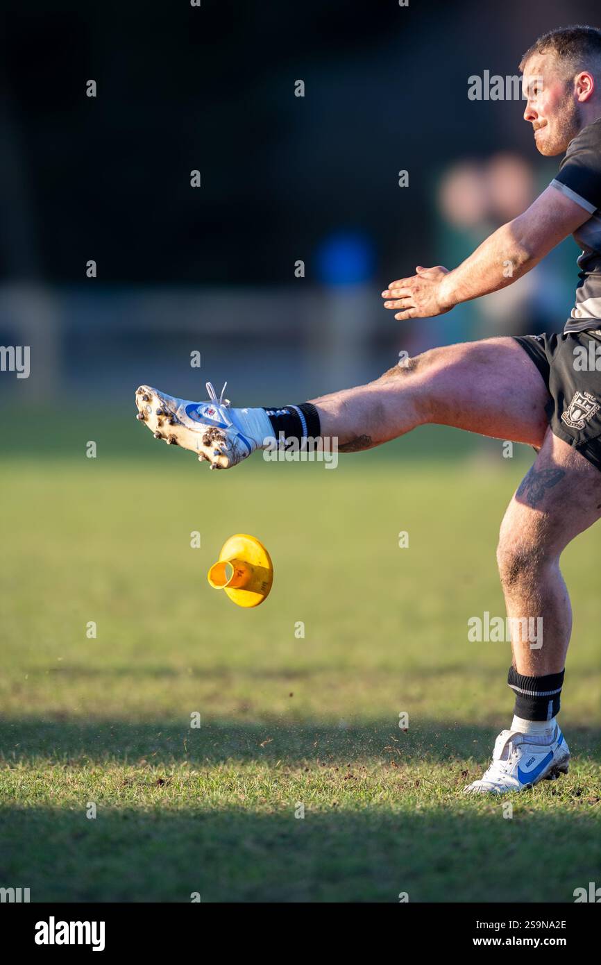 Inglese Mens amatoriale Rugby Union giocatori che giocano in una partita di campionato. Foto Stock