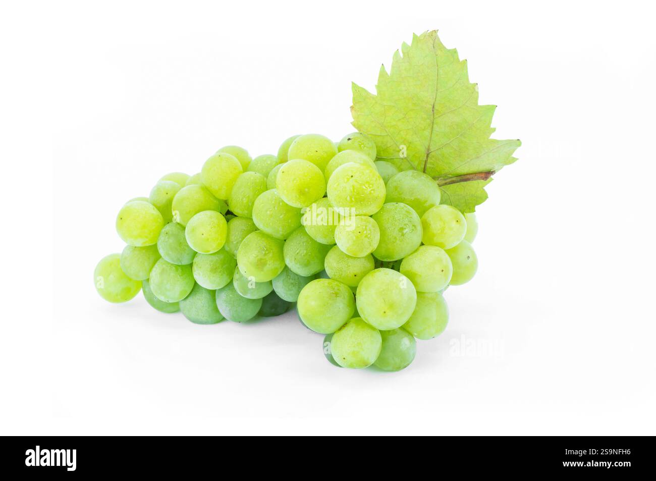 Mazzetto di uva verde fresca con foglia isolata su sfondo bianco, percorso di ritaglio. Concetto di frutta verde Foto Stock