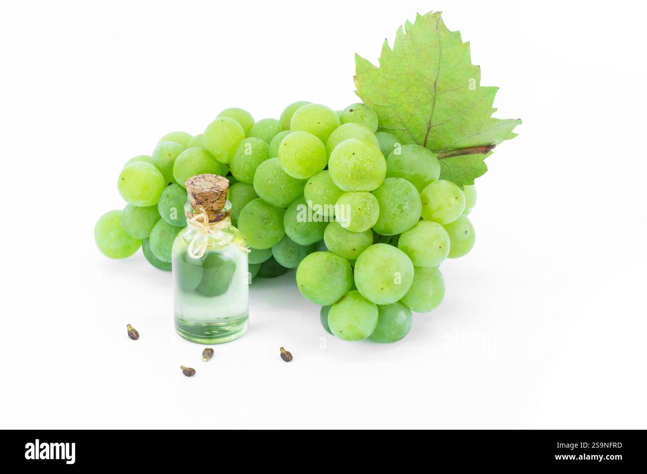 Bottiglia in vetro di olio di semi d'uva con uva verde fresca frutta isolata su sfondo bianco Foto Stock
