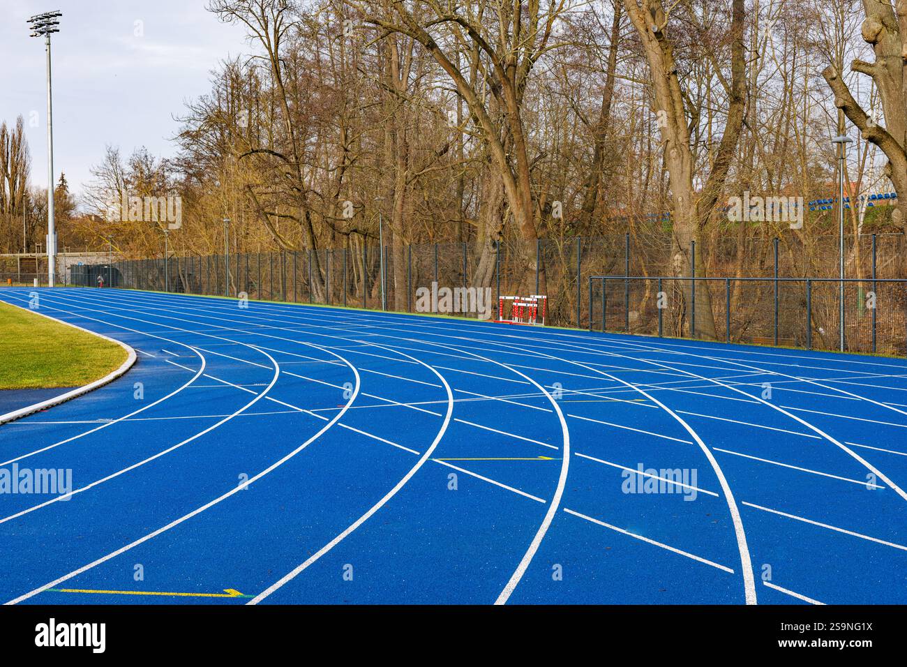 Pista da corsa blu nel nuovo stadio, accanto al prato verde artificiale. I binari girano. Alberi sullo sfondo. Foto Stock