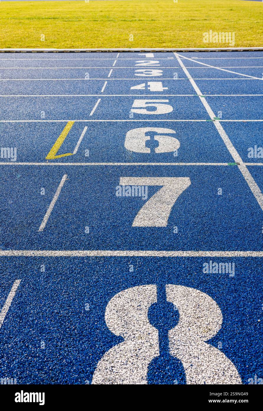 Numeri di traccia. Otto piste da corsa in uno stadio all'aperto, primo piano. Concetto di competizione, fine o inizio. Foto Stock
