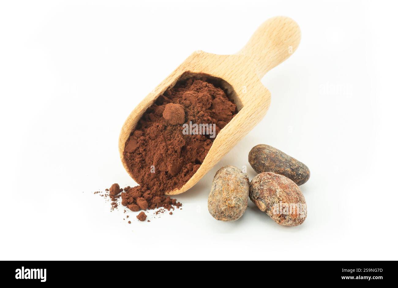 Semi di cacao e polvere in paletta isolati su fondo bianco ( Theobroma cacao ) Foto Stock