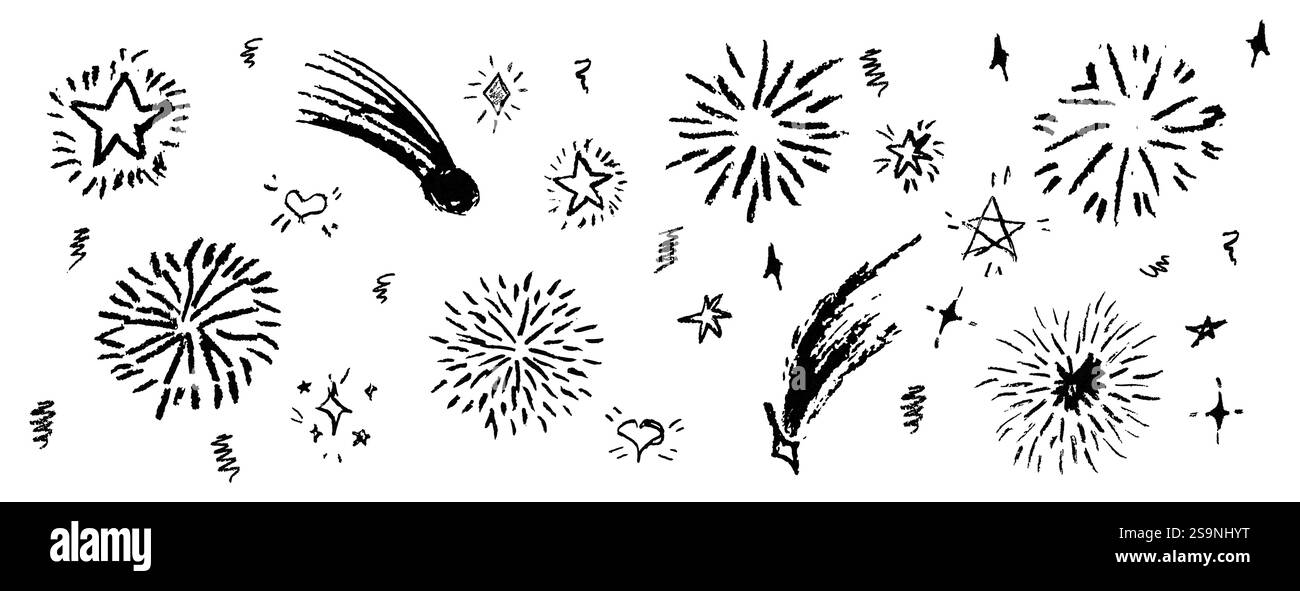 Fuochi d'artificio su sfondo bianco. Matita a matita per disegnare forme geometriche rotonde e turbolenza. Collezione di segni della vittoria di colore nero. Come i bambini che dipingono a mano Illustrazione Vettoriale