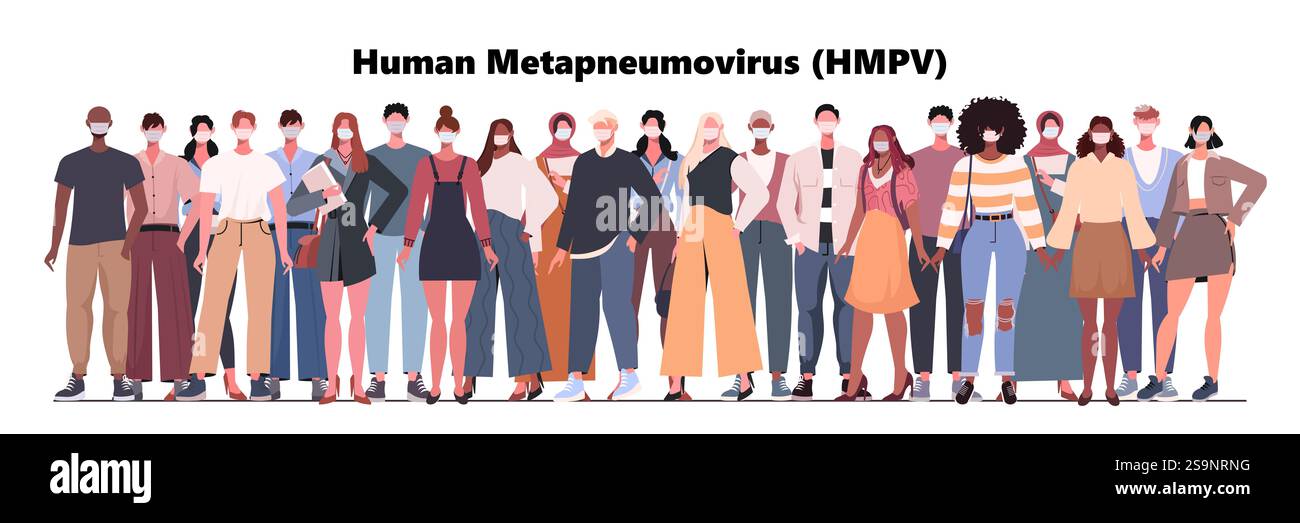 La folla di persone che indossano maschere mediche banner. Misure preventive, protezione umana contro l'epidemia di metapneumovirus umano (HMPV). Illustrazione vettoriale. N Foto Stock