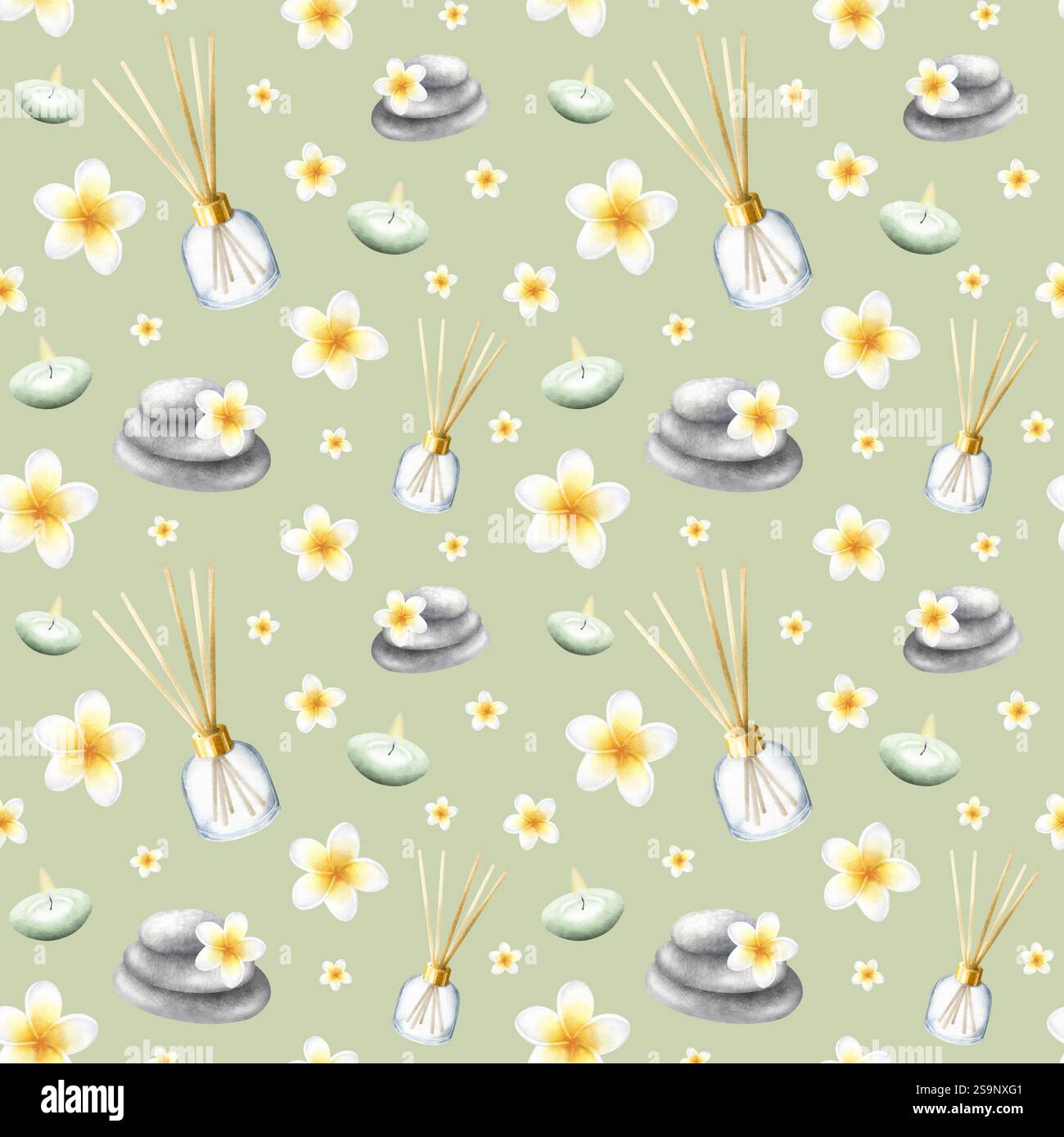 Diffusore di aromi, candele, fiori di plumeria e ciottoli impilati. Acquerello disegnato a mano senza cuciture con frangipani su colore oliva chiaro per imballaggi, tessuti, articoli di cancelleria, design di un salone termale. Foto Stock
