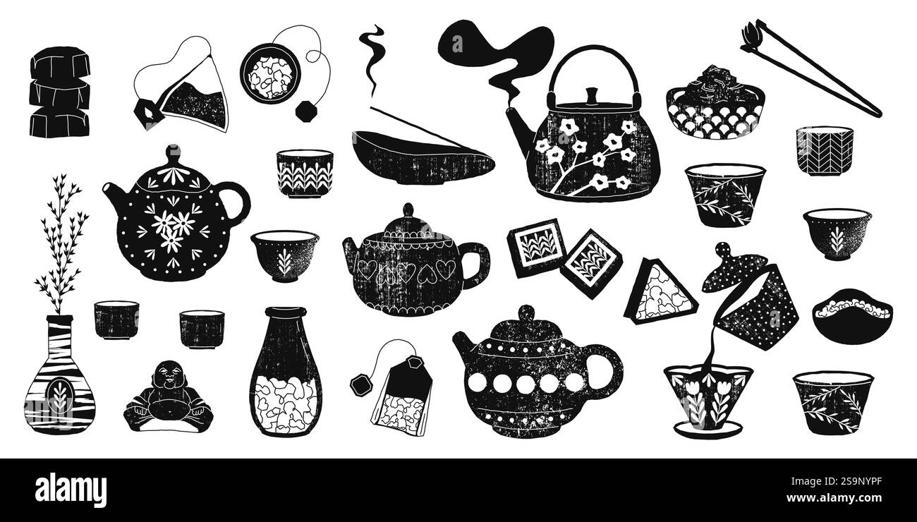 Schizzo del tè all'inchiostro nero. Menu tradizionale per la cerimonia del tè disegnato a mano, tazza di teiera cinese giapponese asiatica e cucchiaio per il vassoio del bollitore. Set isolato vettoriale Illustrazione Vettoriale