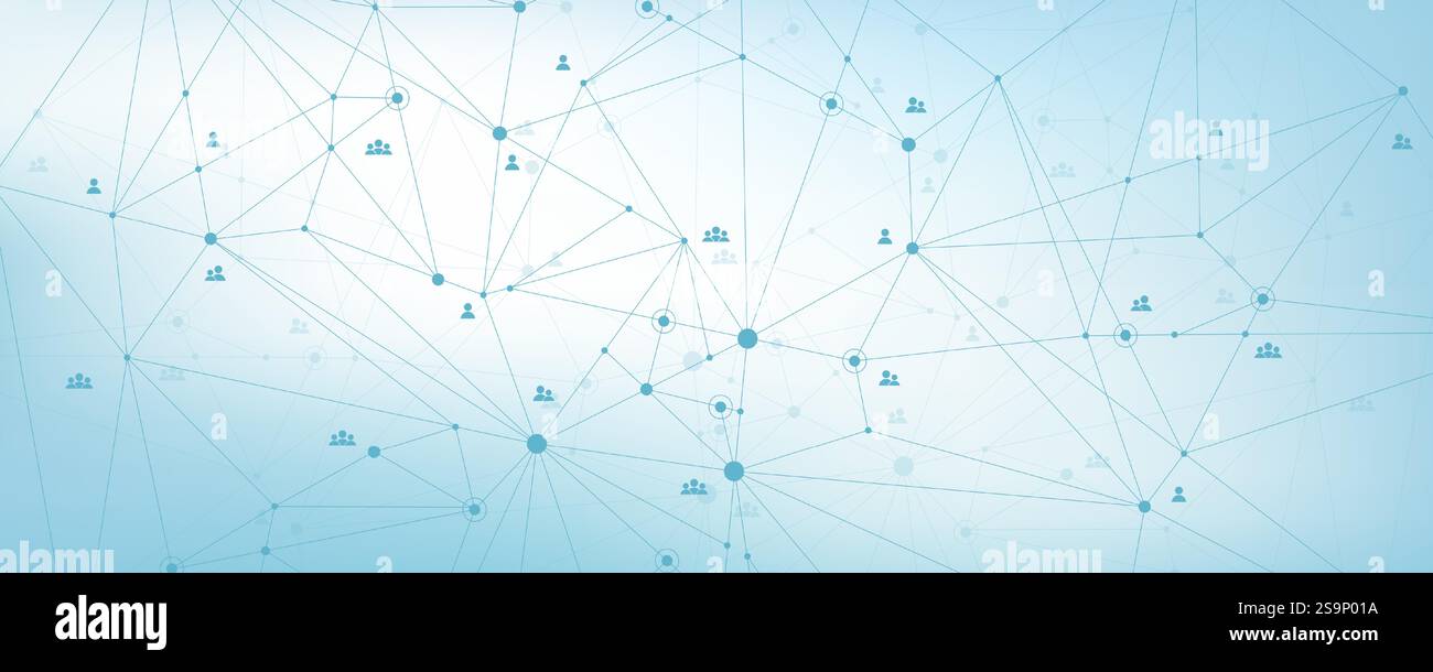 Concetto di comunicazione sui social network. Sfondo astratto della connessione di rete globale. Vettore web profondo. Banner Web intestazione orizzontale. Internet Illustrazione Vettoriale