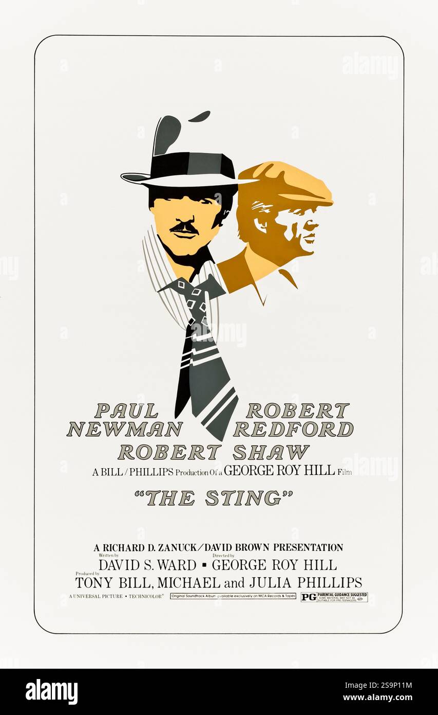 The Sting (1973) diretto da George Roy Hill e interpretato da Paul Newman, Robert Redford e Robert Shaw. Due truffatori si uniscono per realizzare un elaborato piano di vendetta contro uno spietato boss criminale nella Chicago degli anni '1930. Fotografia di un poster originale del 1973 USA a un foglio SOLO PER USO EDITORIALE. Crediti: BFA / Universal Pictures Foto Stock