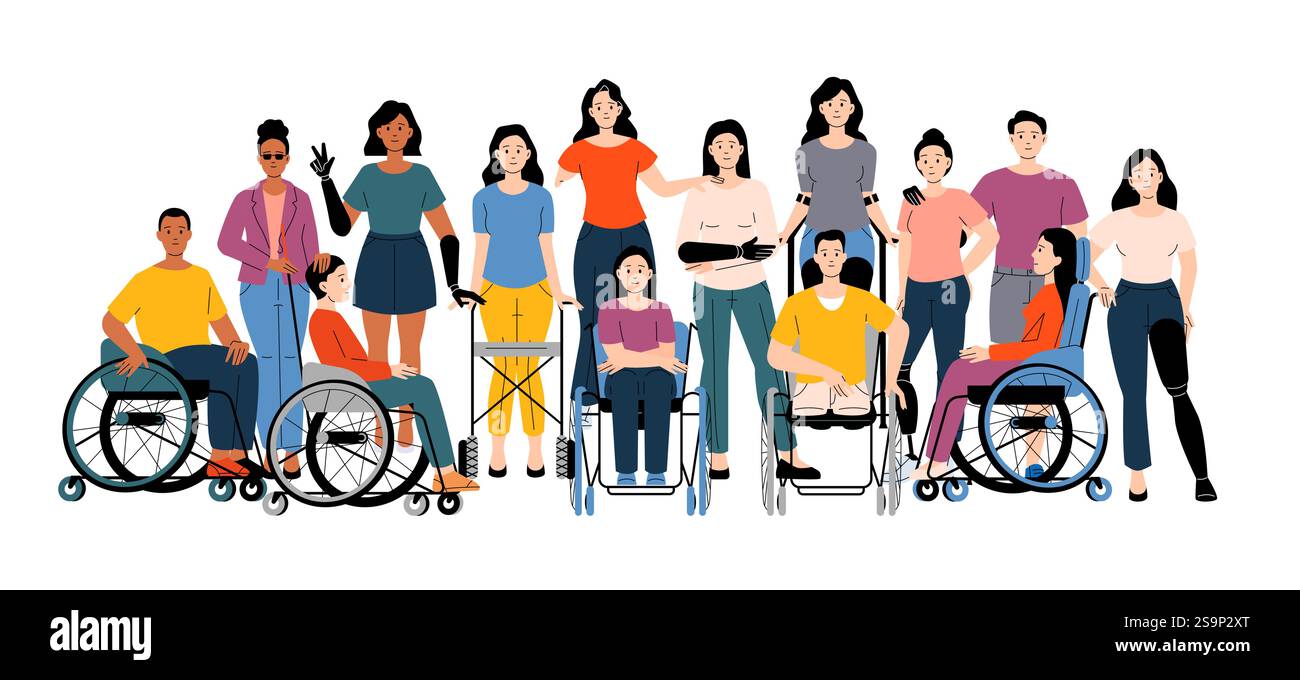 Gruppo eterogeneo di persone con disabilità e protesi. Persone in piedi, sedute su sedie a rotelle che mostrano inclusione e potere. Cartone animato Illustrazione Vettoriale