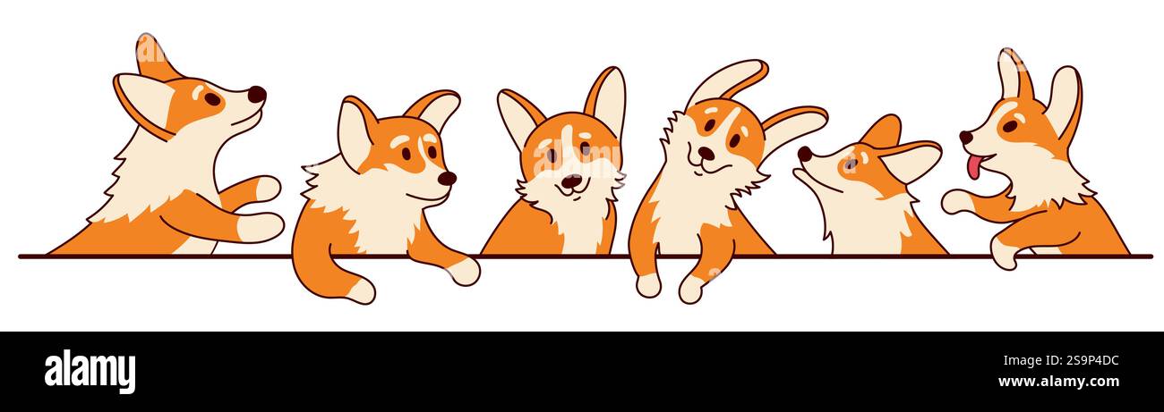 Bel confine corgi. Personaggio dei cartoni animati Doggy e cucciolo, divertente cane gallese con faccia felice, cuccioli giocosi con emozioni diverse. Cani da corgi vettoriali Illustrazione Vettoriale