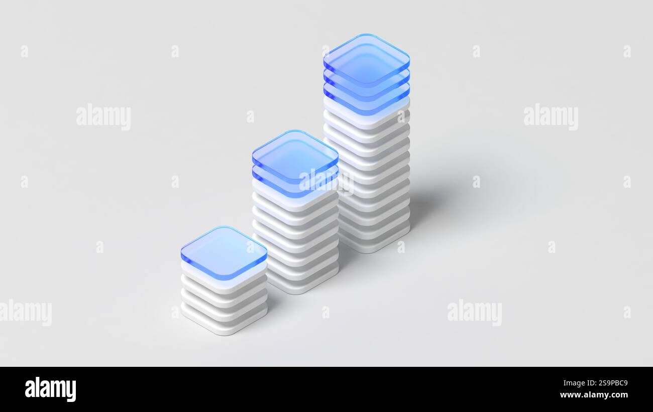 Grafico a colonne astratto. Solido e traslucido. Colore bianco e blu. Glassmorfismo. Copia spazio. Grafico. illustrazione 3d. Foto Stock